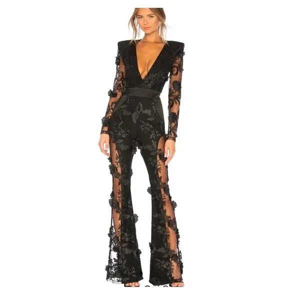 Zhivago The Black Parade Floral Jumpsuit Sheer Long Sleeve Flare Leg (tiny flaw) - Picture 2 of 9